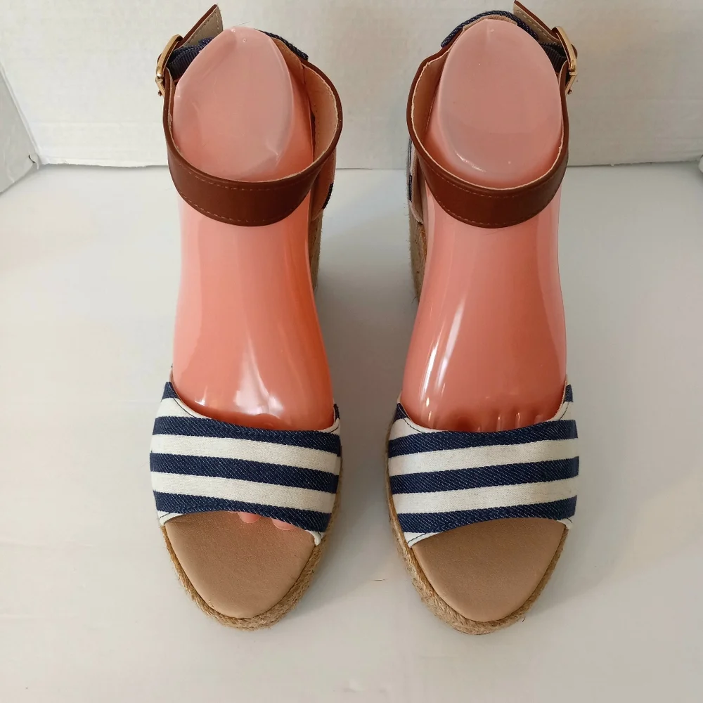 Pierre Dumas navy/white striped   wedge espadrille sandals size 10